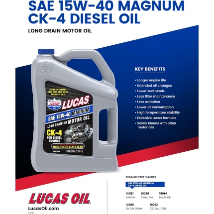 Lucas Oil 10287 Synthetic SAE 15W-40 Magnum CK-4 Diesel Oil - 1 Gallon